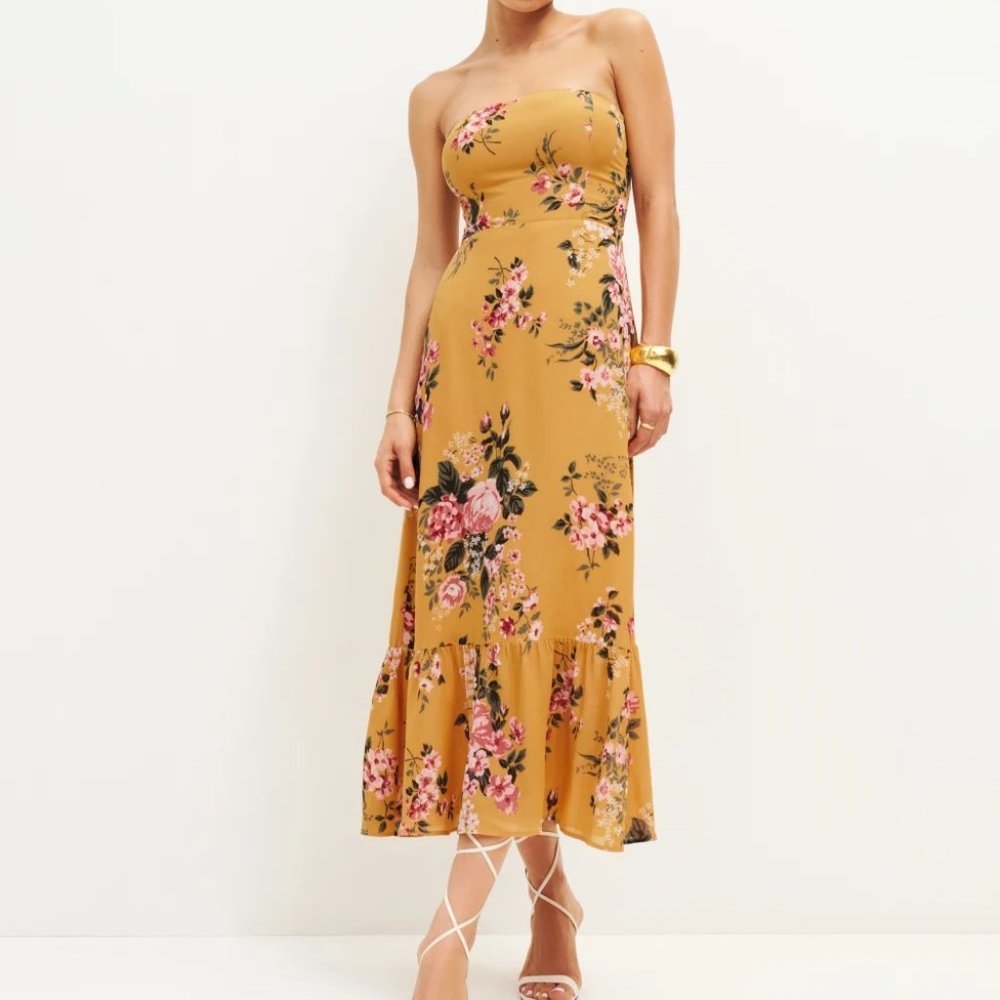 REFORMATION Arta Dress in Floral Yellow Anjelica